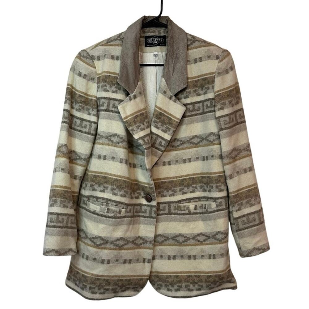 Braetan VTG 90s Aztec Southwestern Print Neutral Button Coat Wool Blend‎ Size 12
